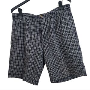 Vintage Bugle Boy Plaid Checkered Shorts Men's 34 Blue, Black, White Linen Blend